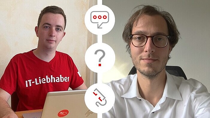Azubi interviewt Führungskraft – und da sowohl Jan-David (links im Bild) als auch Simon aufgrund der Corona-Regelung von zu Hause arbeiten, sind unsere Fotos während der Webex der beiden Interviewpartner entstanden © BWI GmbH