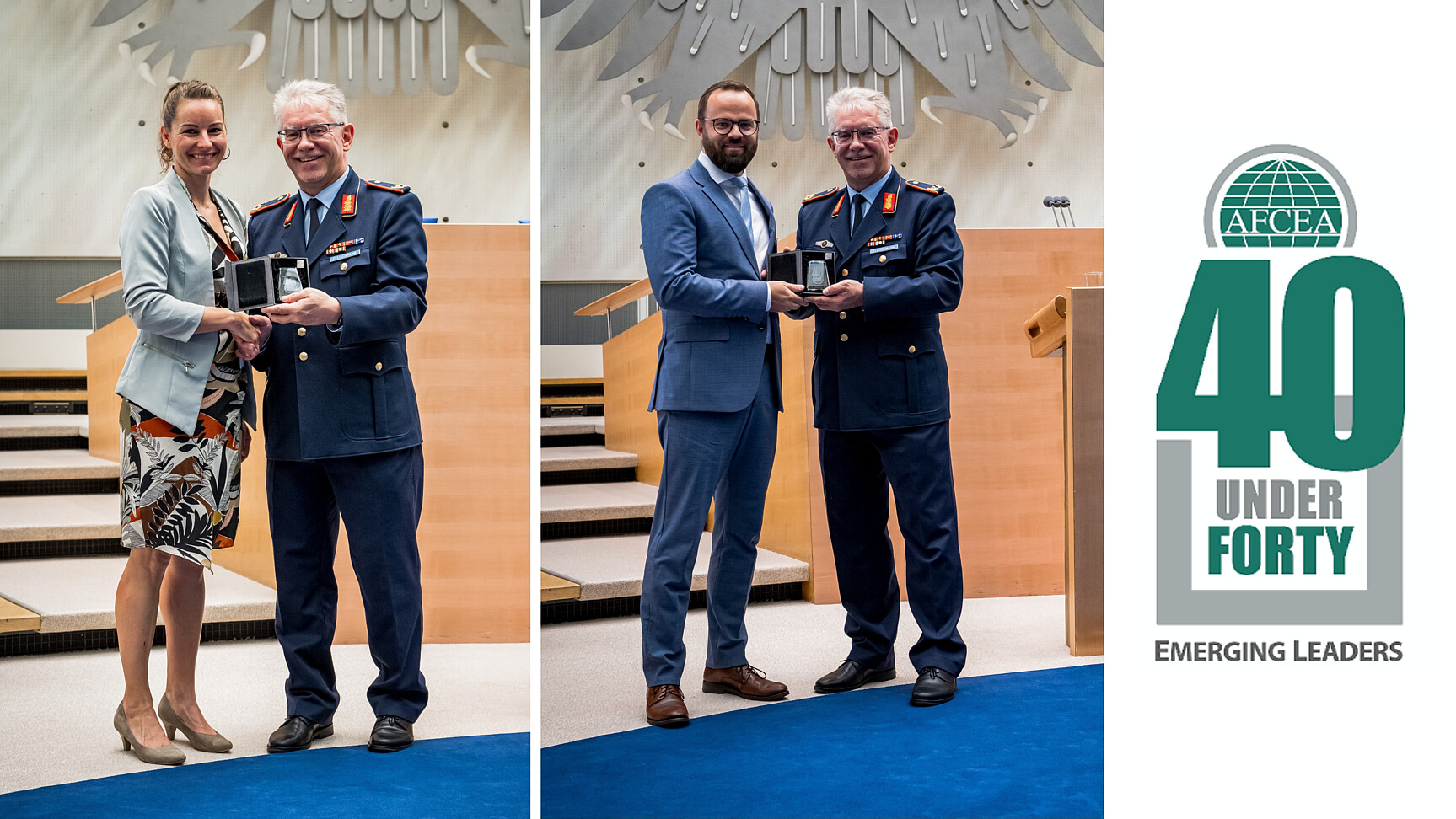 Die beiden Gewinner mit Brigadegeneral Armin Fleischmann in dem Moment wo sie jeweils den Preis entgehen nehmen. Alle Personen schauen in die Kamera. Es ist eine Collage aus den zwei Fotos der Gewinnübernahme, deswegen der Brigadegeneral Armin Fleischmann zweimal zusehen. Ganz Links ist die Gewinnerin Marianna Schwarz und der Gewinner Ron Simon ist sehr mittig. Ganz rechts ist das Logo der Veranstaltung zu sehen.