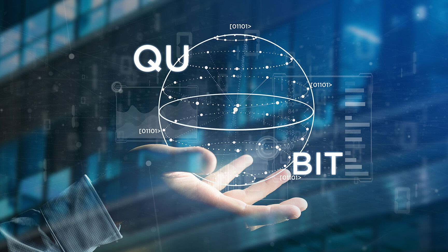 Kollage von menschlicher Hand und digitaler Sphäre. Auf Handfläche liegt kugelförmiges virtuelles Objekt. Das Wort „Qubit“ wird optisch in seinen Silben zerlegt jeweils am äußeren Rand des Kugel-Objekts dargestellt. Dabei steht „QU“ am oberen linken und „BIT“ am unteren rechten Rand. Dazwischen rahmen aus Punkten bestehende konzentrische Linien das runde Objekt. Codes der Ziffern 0 und 1.
