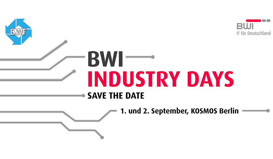 Logo der Industry Days - Graue Linien (wie auf Platine), Oben in den Ecken BWI Logo und DVT Logo