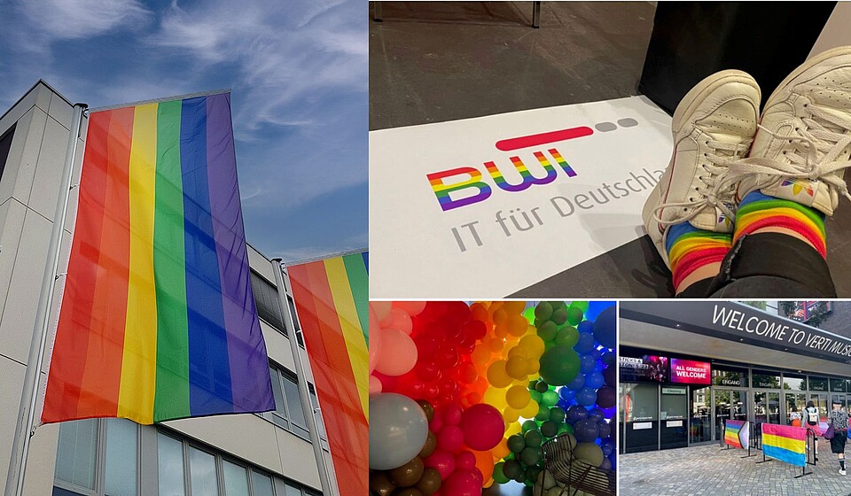 Erstmalige Teilnahme der BWI an der STICKS & STONES in Berlin – Europas größte LGBTQI+ Job- & Karrieremesse.  Pride Fahne und Eingang der Messe.