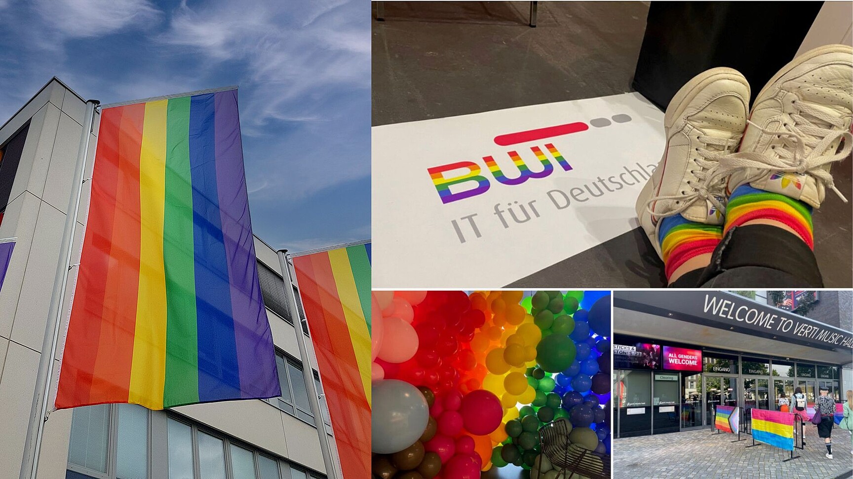 Erstmalige Teilnahme der BWI an der STICKS & STONES in Berlin – Europas größte LGBTQI+ Job- & Karrieremesse.  Pride Fahne und Eingang der Messe.