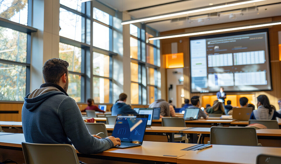 Moderner Hörsaal mit Student am Laptop