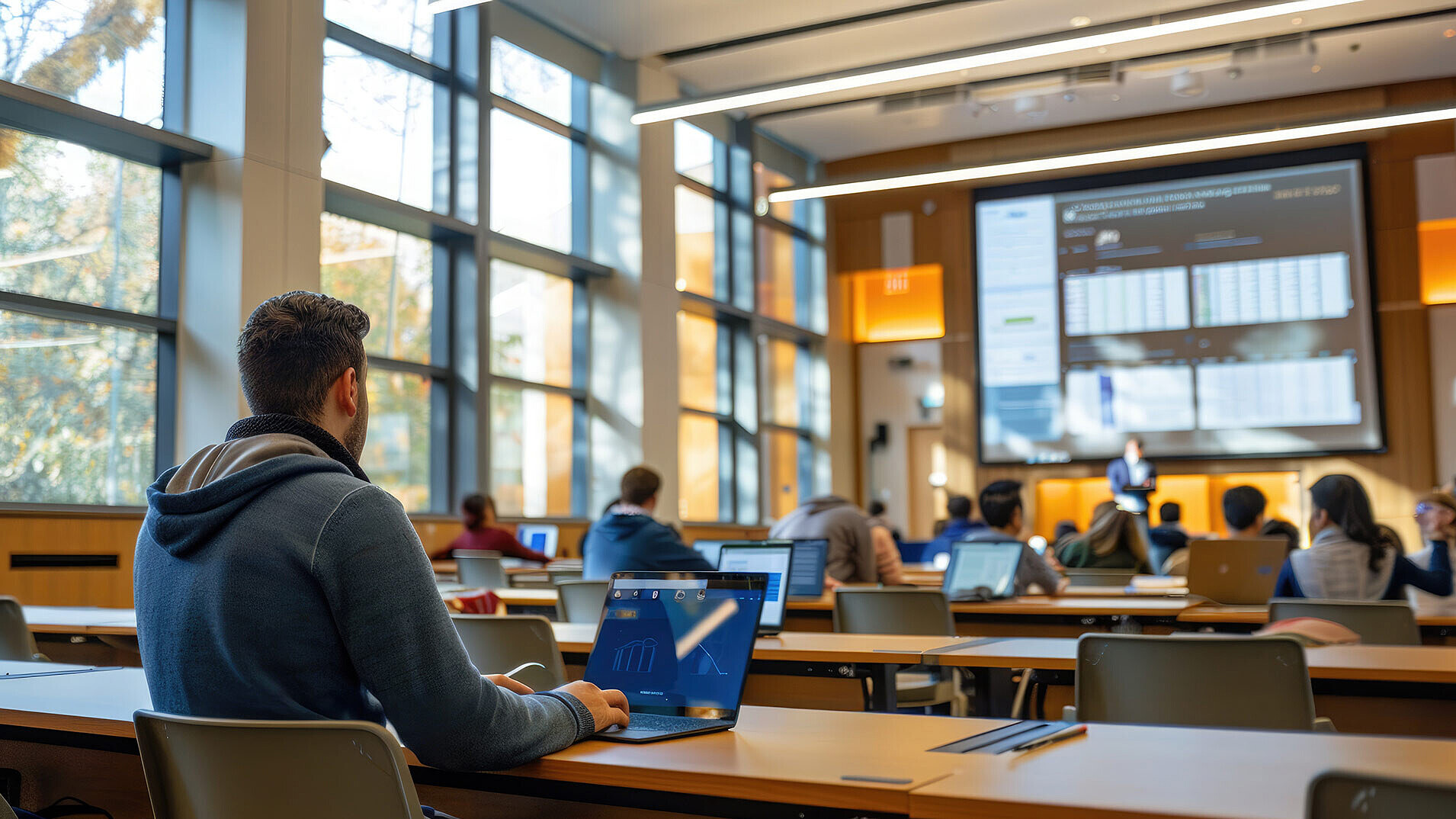 Moderner Hörsaal mit Student am Laptop