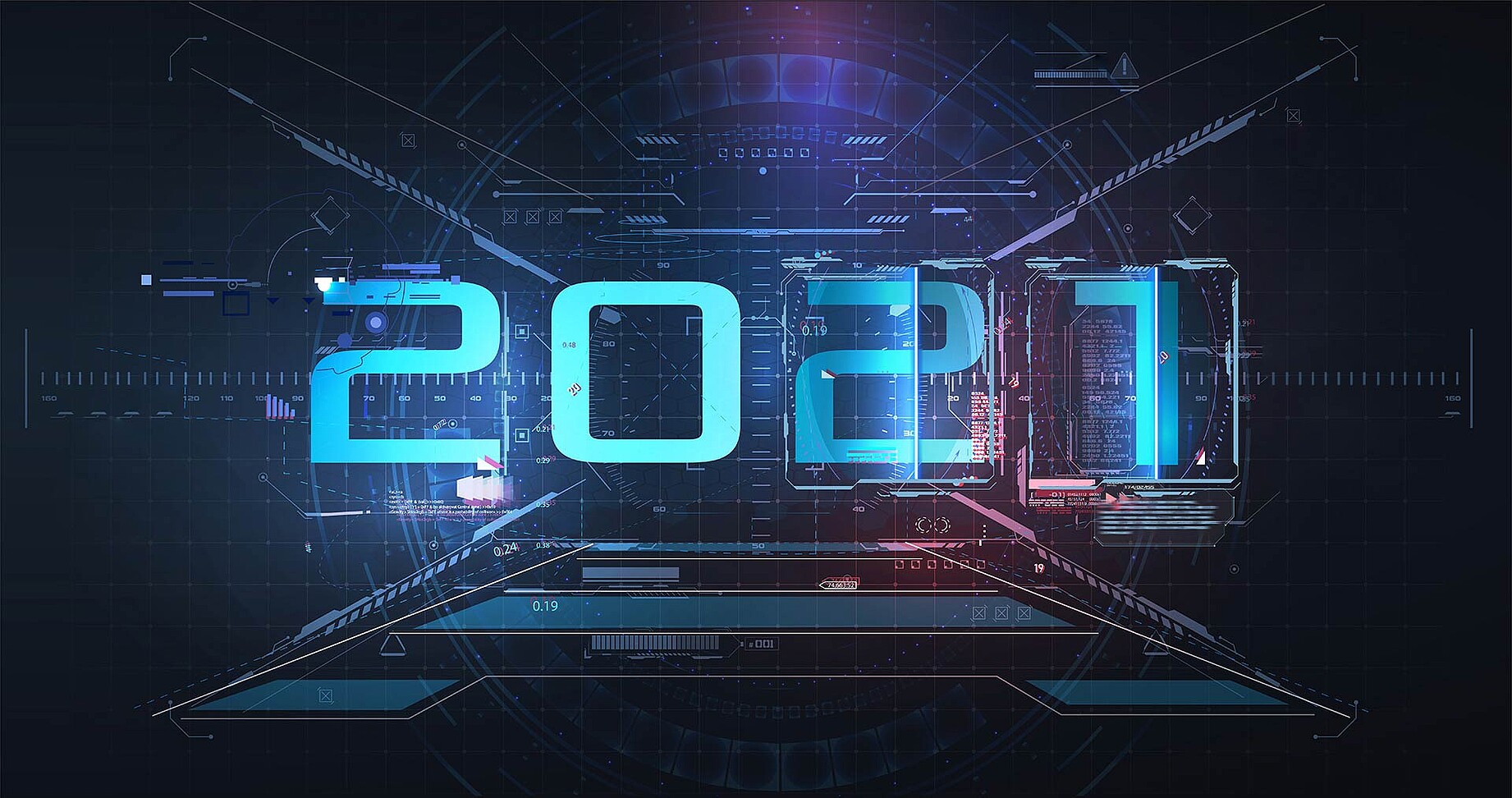 Illustration 2021 auf Technologiehintergrund © NatalyaBurova/iStock