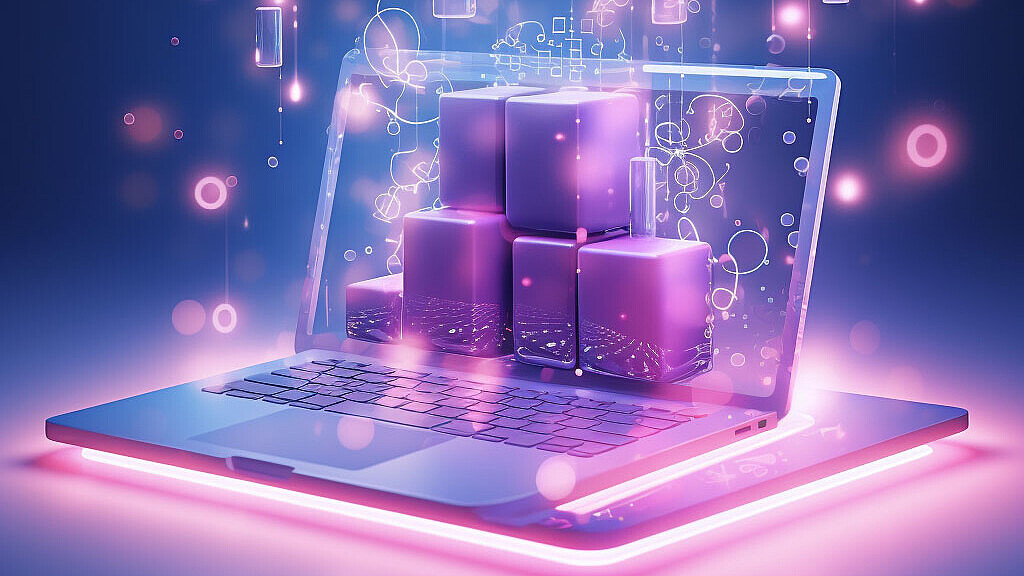 Grafik eines Laptops in blu und pink und pinke 3D Blöcke kommen aus dem Bildschirm.