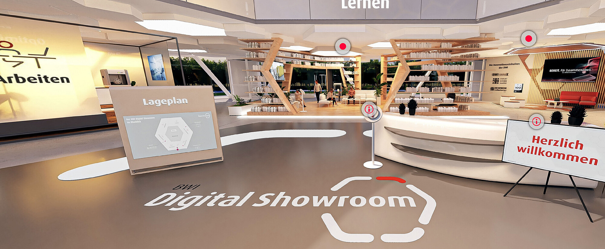  Eingangsbereich des BWI Digital Showroom mit Blick auf mehrere Themenbereiche 