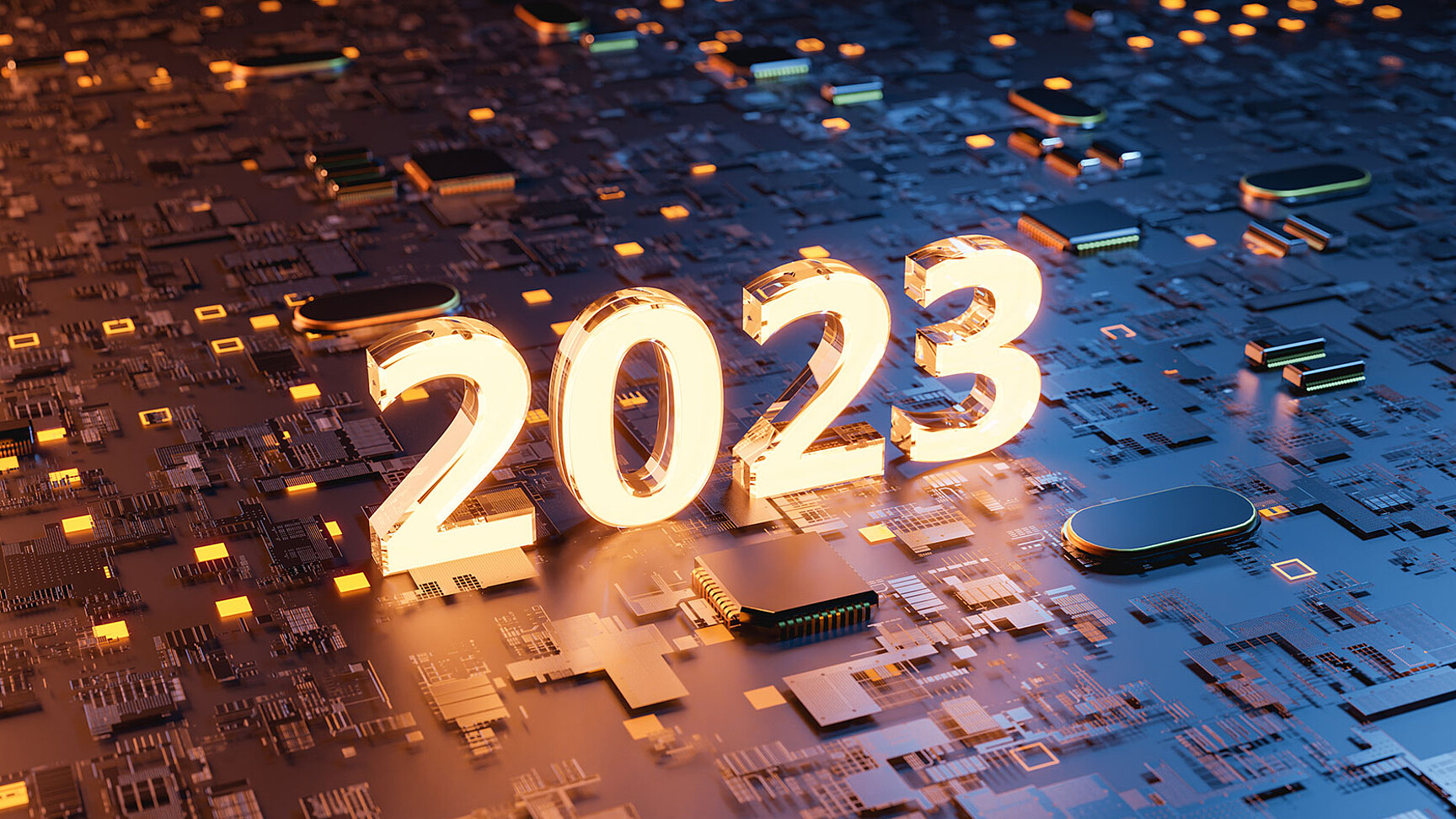 Die Zahl 2023  in leuchten orange auf einem orange blauem Hintergrund in metalloptik