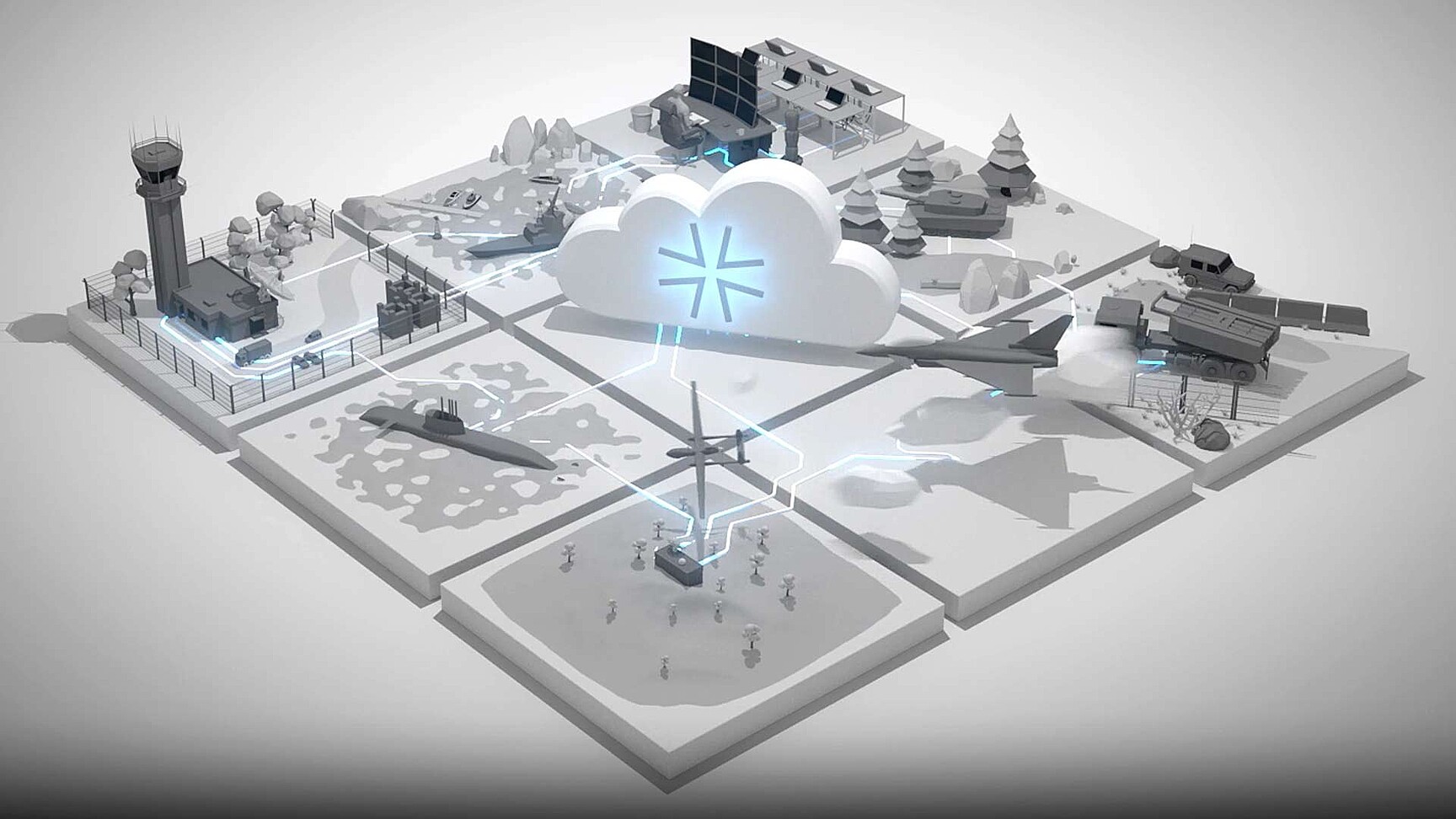 Screenshot aus dem pCloudBw-Erklärfilm mit mehreren Kacheln in isometrischer Darstellung auf denen unterschiedliche, dreidimensionale Piktogramme zu sehen sind