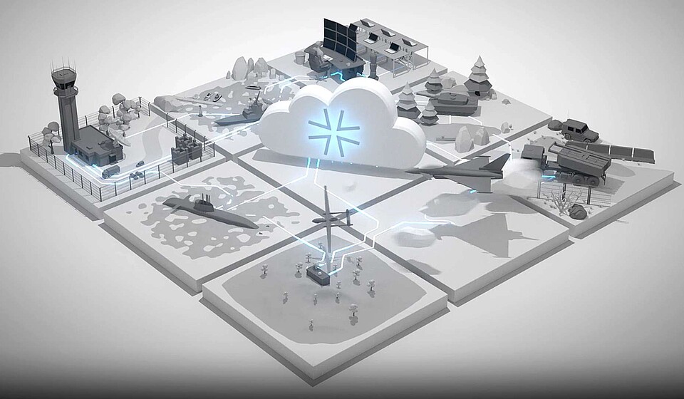 Screenshot aus dem pCloudBw-Erklärfilm mit mehreren Kacheln in isometrischer Darstellung auf denen unterschiedliche, dreidimensionale Piktogramme zu sehen sind