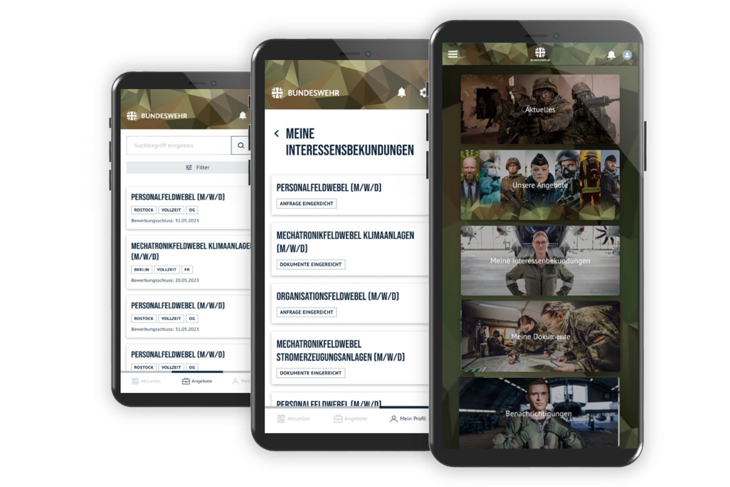 Komposition von drei Screenansichten der App © BWI GmbH