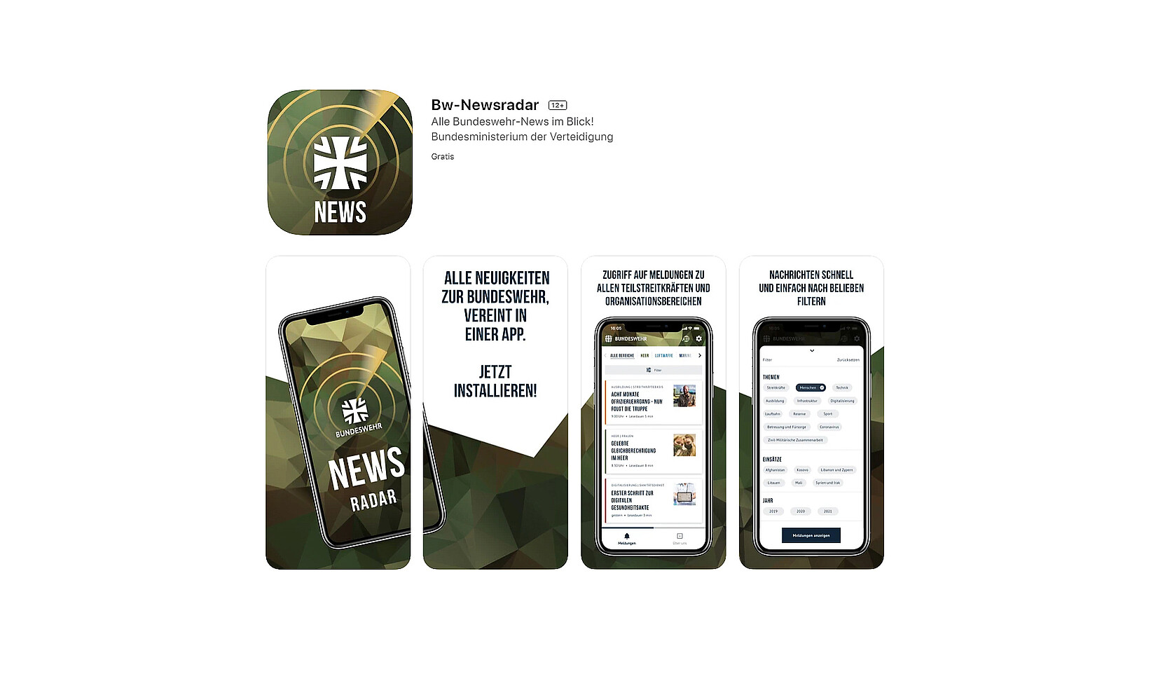Das neue Bw-Newsradar in den Appstores für iOS und Android © Bundeswehr