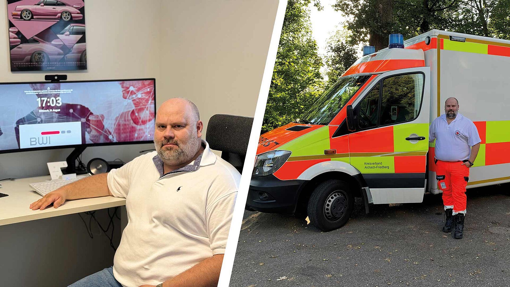 BWI Mitarbeiter Thomas Both sitzt links vor seinem PC am Schreibtisch und steht rechts als Sanitäter vor einem Krankenwagen