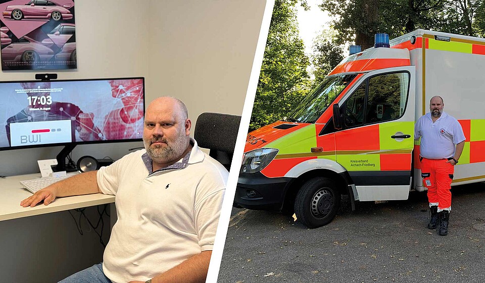 BWI Mitarbeiter Thomas Both sitzt links vor seinem PC am Schreibtisch und steht rechts als Sanitäter vor einem Krankenwagen