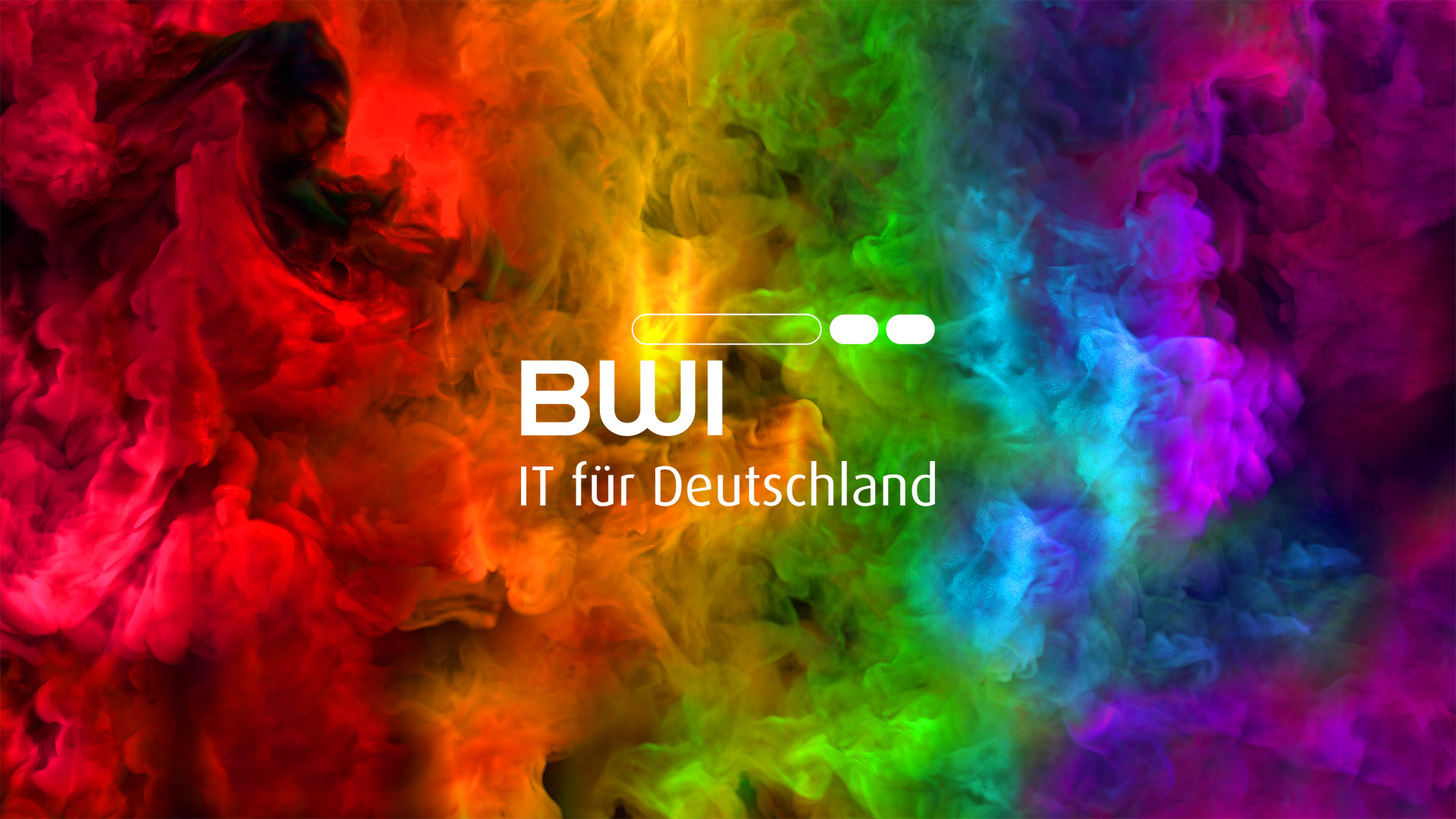 Regenbogenfarben als rauch und das BWI Logo in der Mitte.