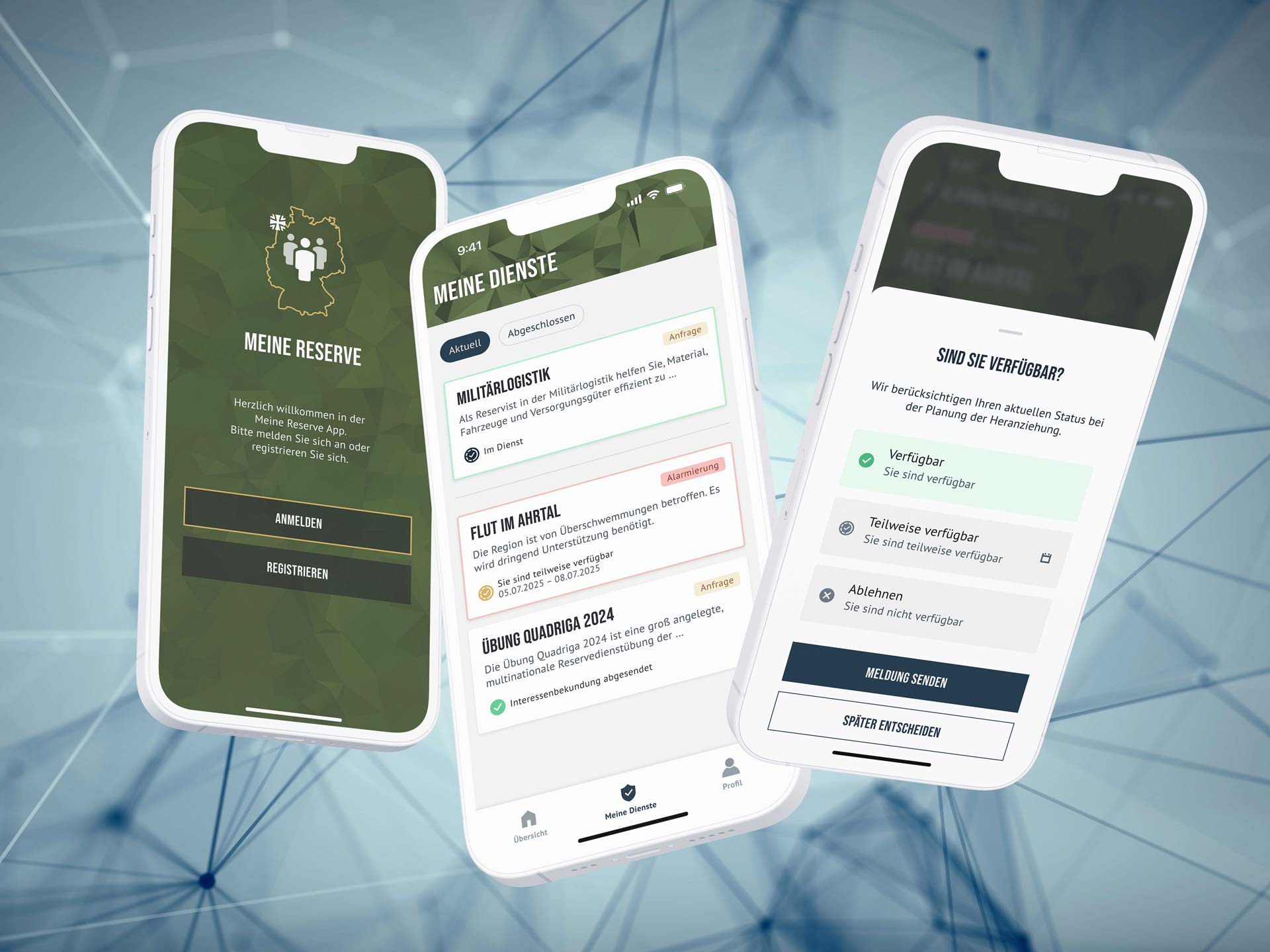 Screenshots von der Simulation der App "Meine Reserve" aus Nutzersicht