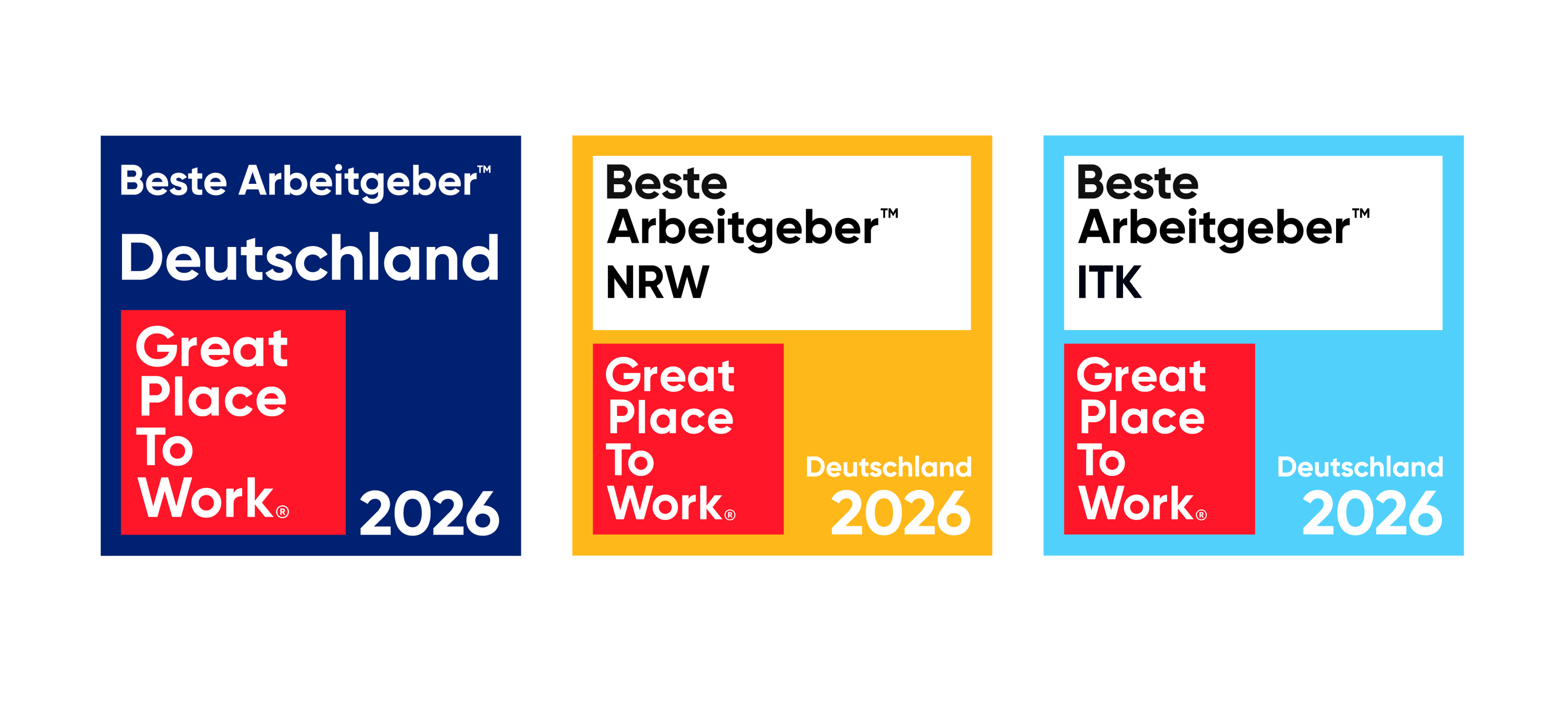 Die Grafik zeigt nebeneinander die drei Siegel in folgender Reihenfolg: Unter den Top-100 Unternehmen in Deutschland (Platz 6) sowie Beste Arbeitgeber NRW (Platz 4) und Beste Arbeitgeber der ITK-Branche deutschlandweit (Platz 6)