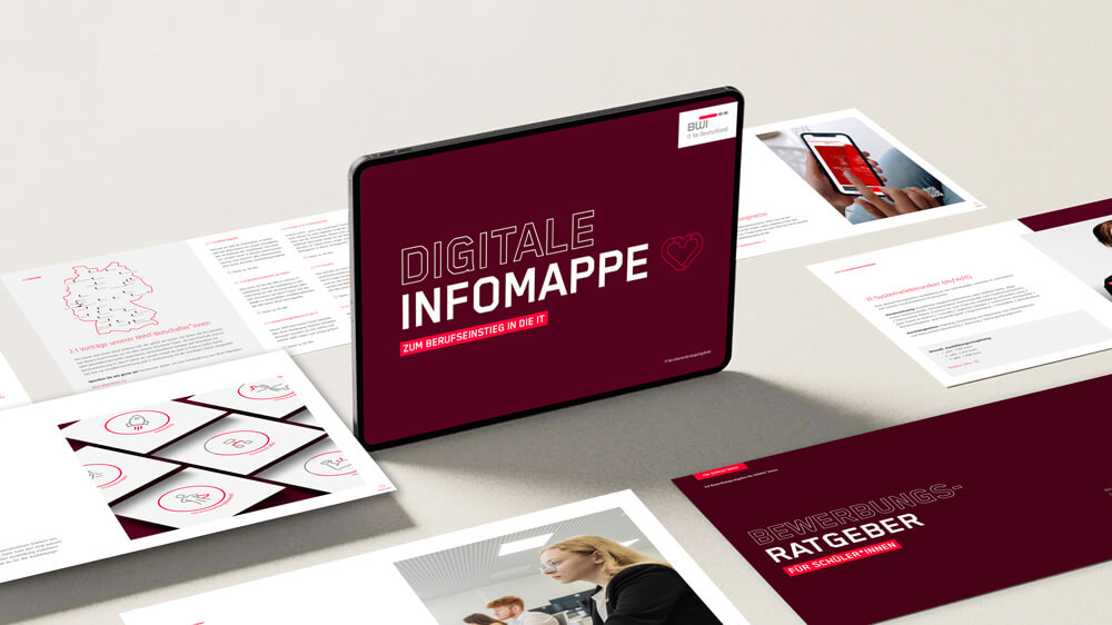 Mockup Bild der Infomappe auf dem Bildschirm eines Tablets